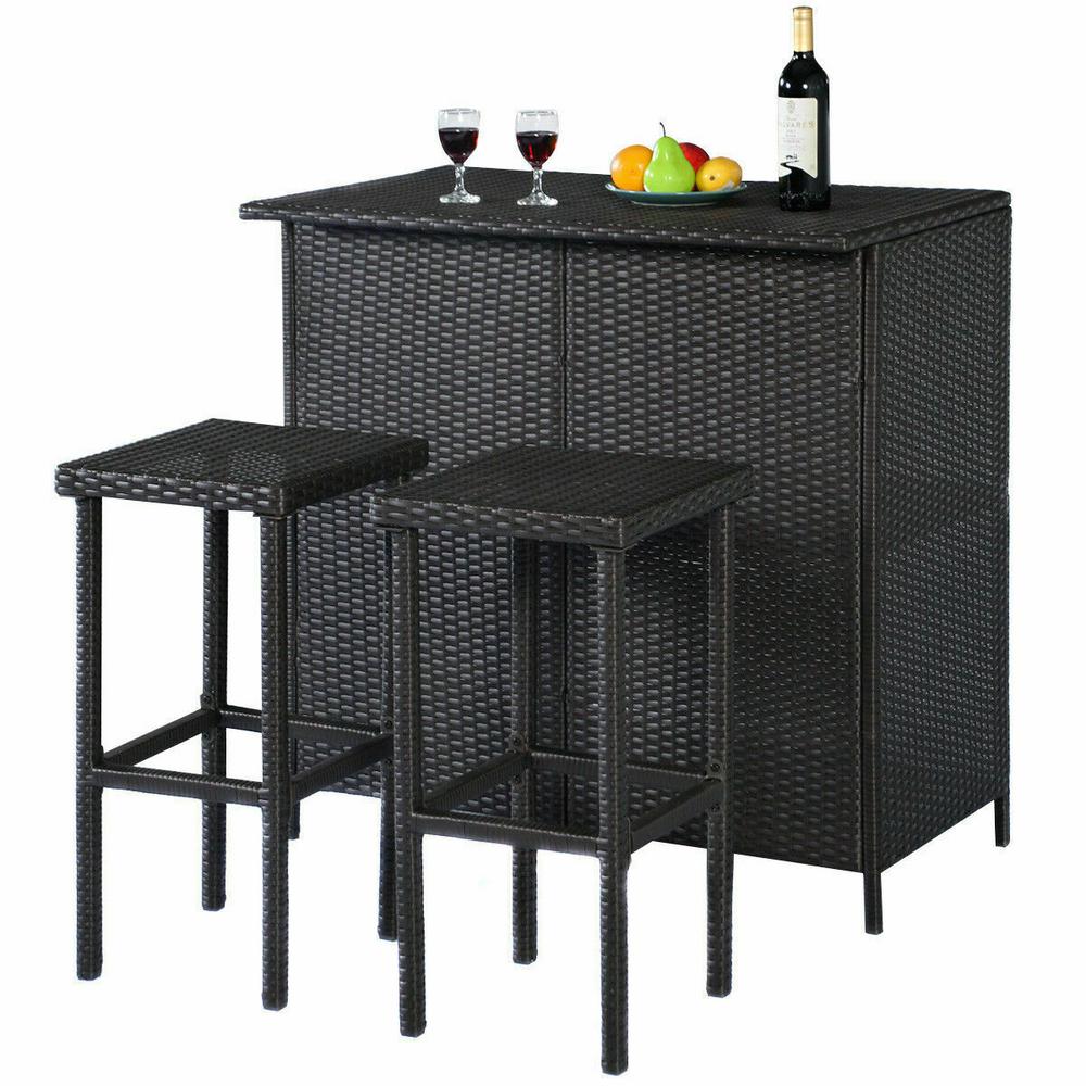 Costway Brown 3-Piece Rattan Wicker Outdoor Bistro Bar Set Patio Table