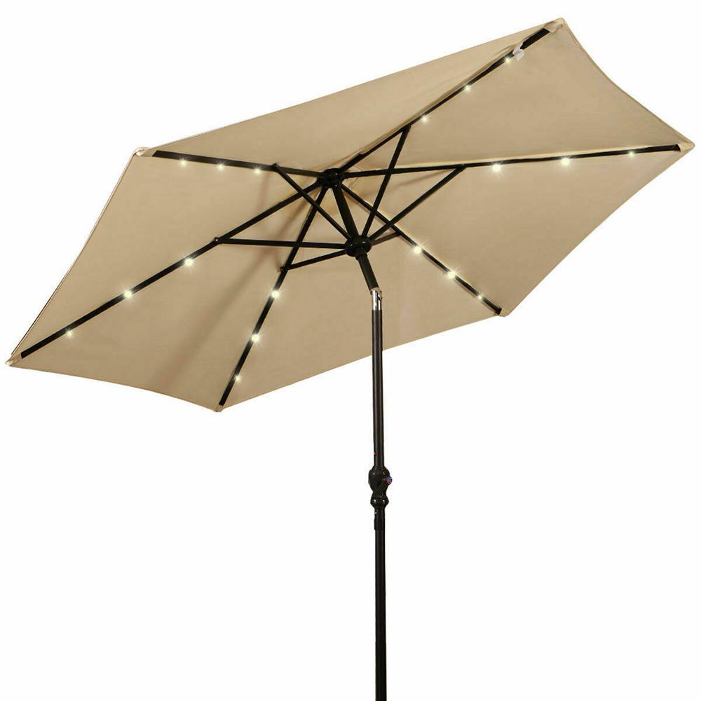 Costway 9 Ft Led Steel Market Tilt Patio Solar Umbrella With Crank Outdoor In Beige Op2804be The Home Depot