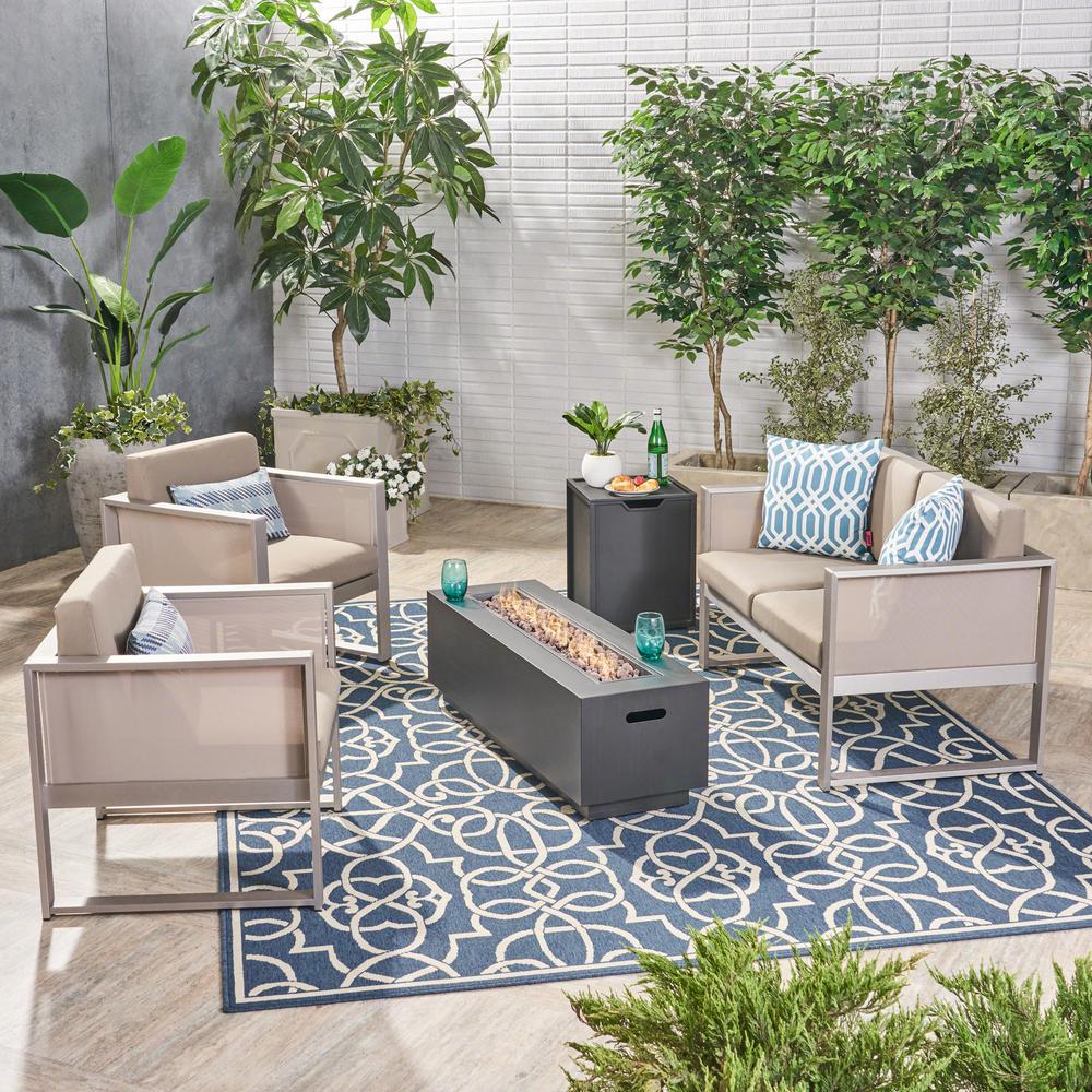 Noble House Zeta Silver 5Piece Aluminum Patio Fire Pit Conversation Set with Khaki Cushions