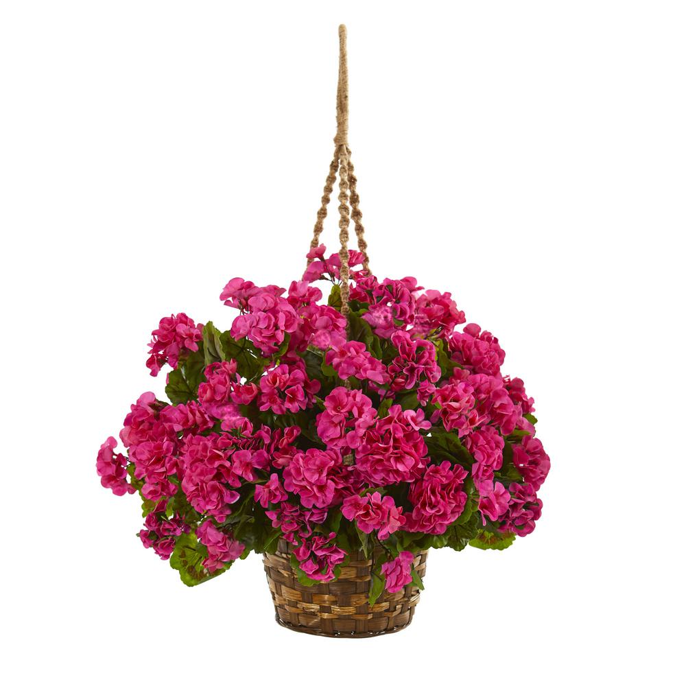 Nearly Natural Indoor/Outdoor UV Resistant Red Geranium Hanging Basket