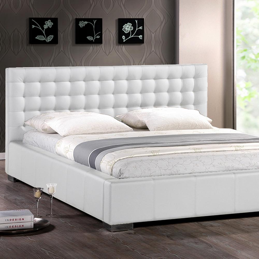 Tufted Upholstered Faux Leather Square Queen Size Headboard in White