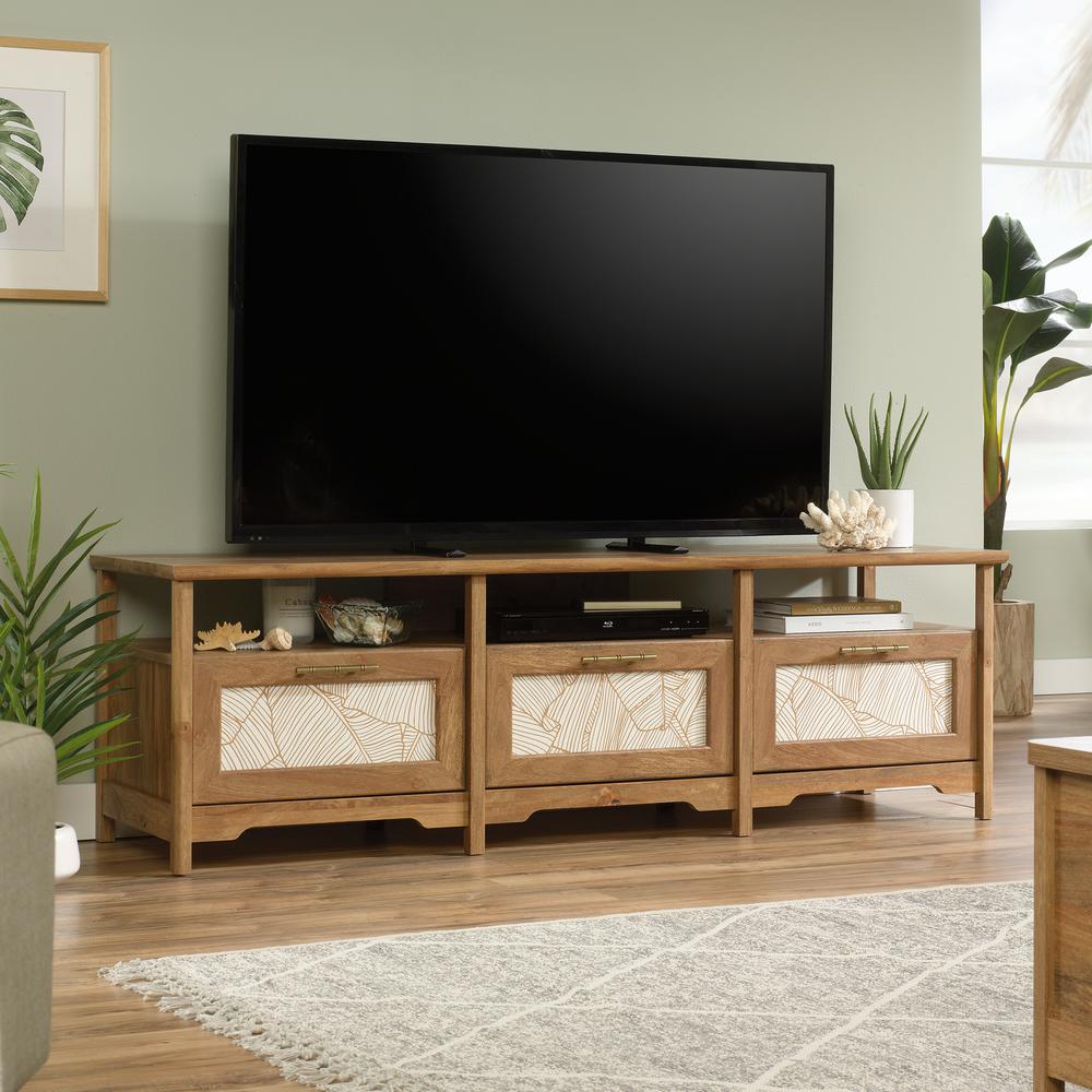 SAUDER Coral Cape 67 in. Sindoori Mango Composite TV Stand with 3 Drawer Fits TVs Up to 70 in
