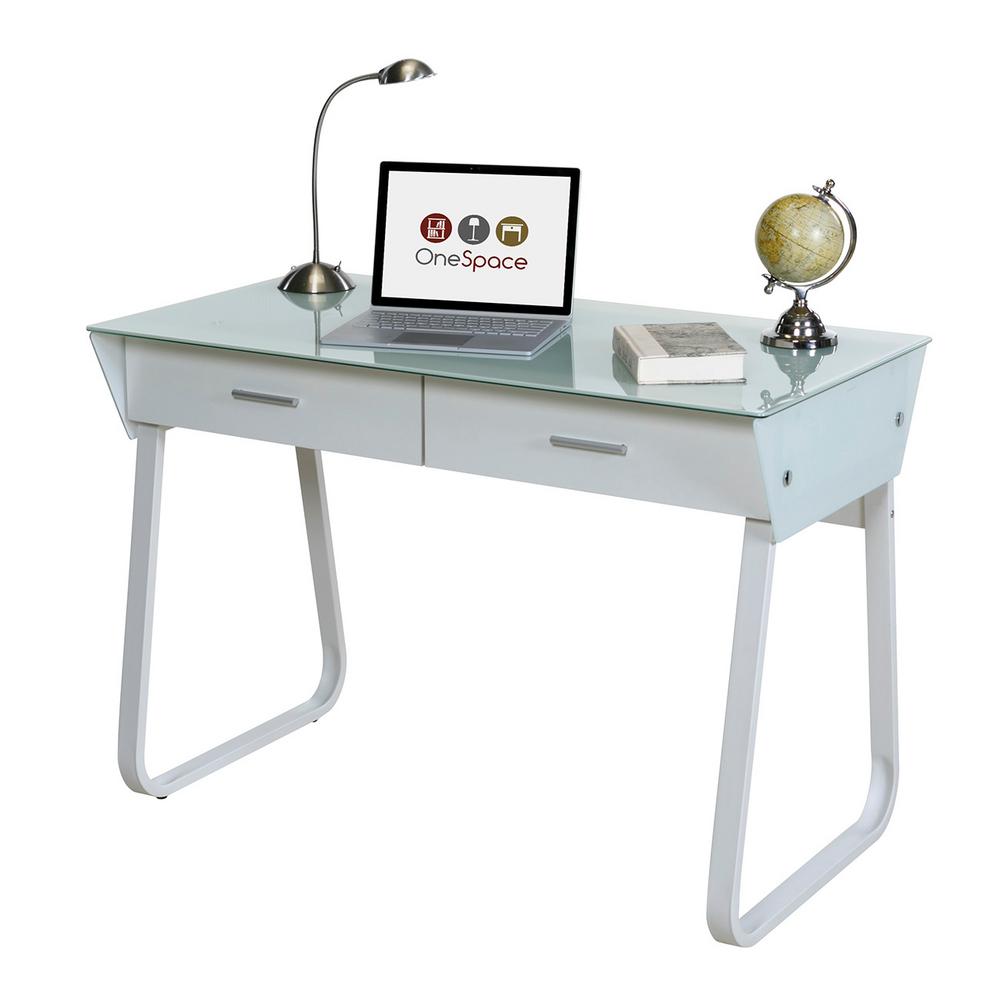 Onespace White Ultramodern Glass Computer Desk With Drawers 50