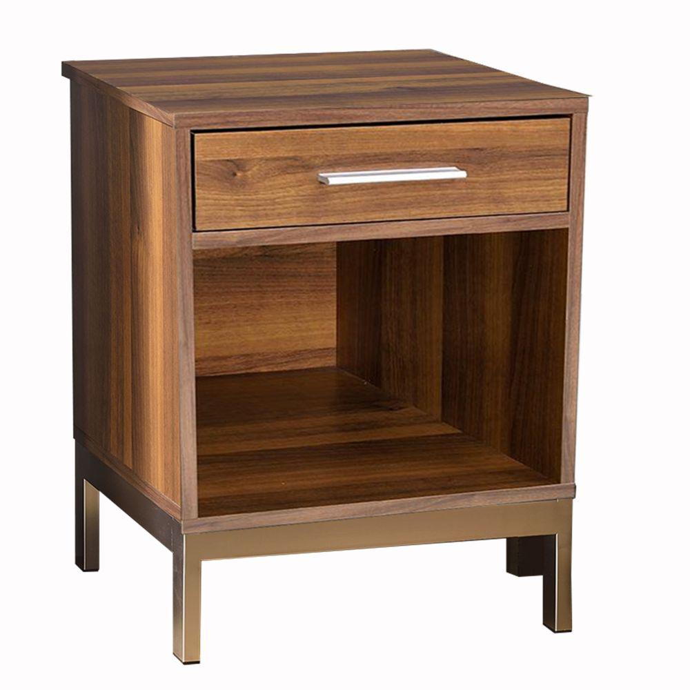 Benjara 18 5 In L X 18 13 In W X 23 75 In H Spacious Wooden Walnut Brown And Gold Nightstand With Straight Leg Metal Stand Bm194368 The Home Depot