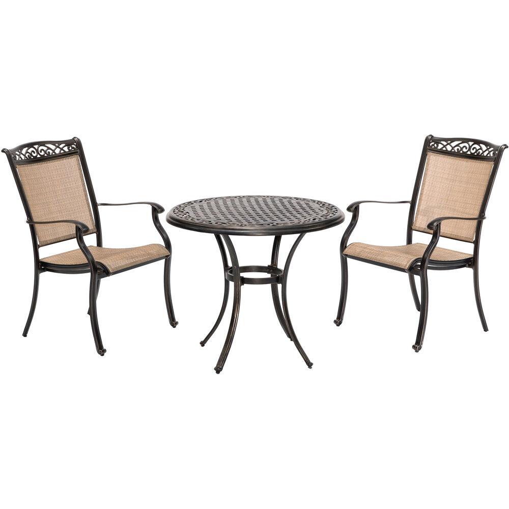 Hanover Fontana 3 Piece Aluminum Outdoor Bistro Set With 2 Sling Chairs And A 32 In Cast Top Table Fntdn3pcc The Home Depot