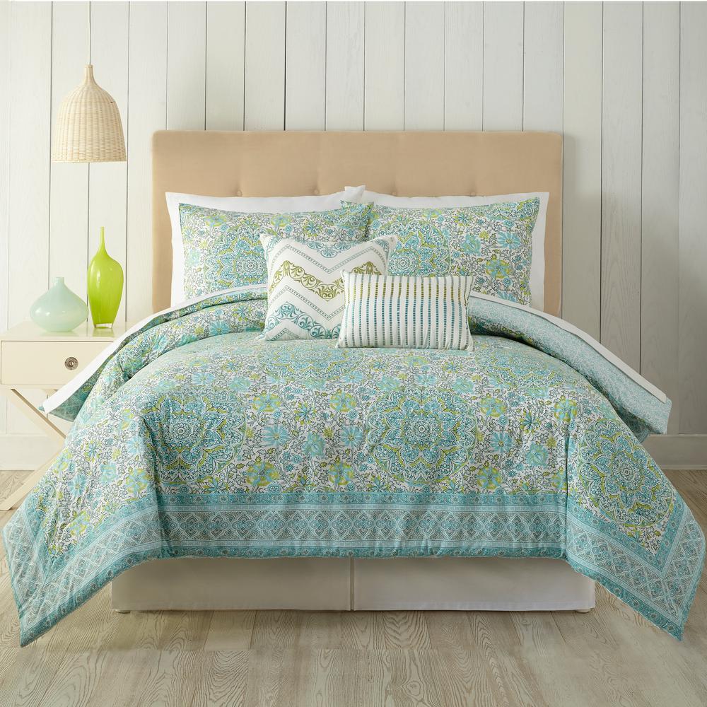 Indigo Bazaar Stamped Indian 5 Piece Aqua King Comforter Set