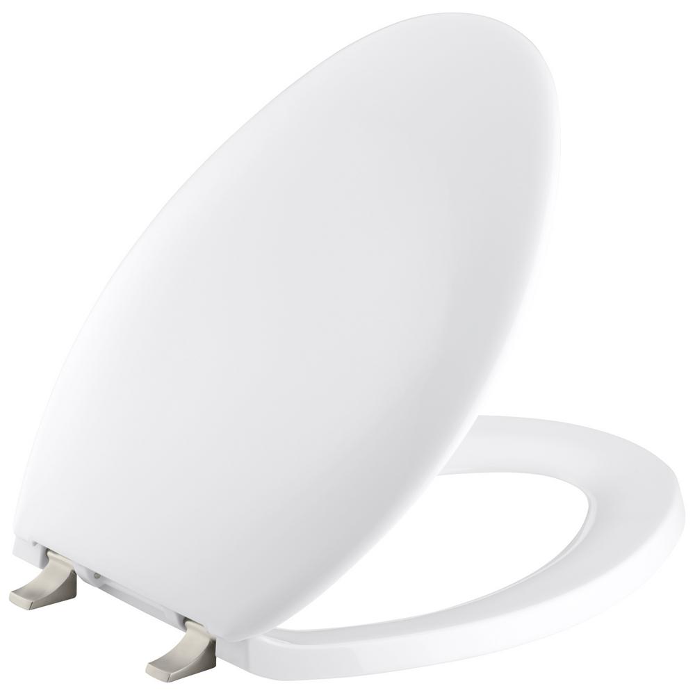 KOHLER Bancroft Elongated Toilet Seat with Vibrant Brushed Nickel Hinge