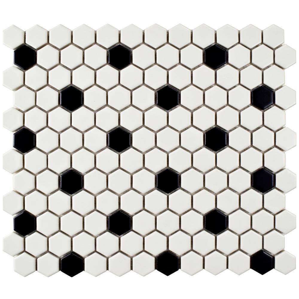 Metro Hex Matte White With Black Dot 10 1 4 In X 11 3 4 In X 6mm Porcelain Mosaic Tile 8 56 Sq Ft Case