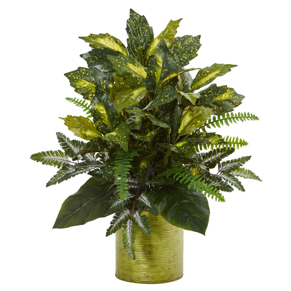 Nearly Natural Mixed Greens Artificial Plant in Green Tin Planter6375