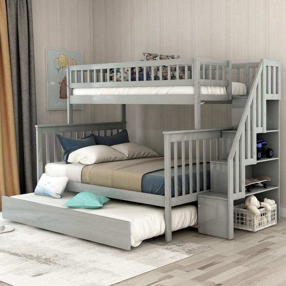 Harper Bright Designs Gray Twin Over Full Bunk Bed With Trundle And Stairs For Kids Sm000095aae 1 The Home Depot