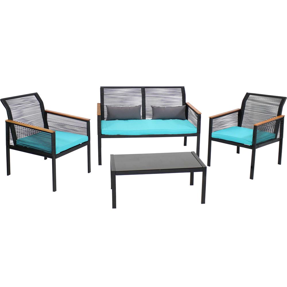 Sunnydaze Decor Coachford Black 4 Piece Resin Rattan Outdoor Patio Furniture Set With Teal Cushions Gf 684 The Home Depot