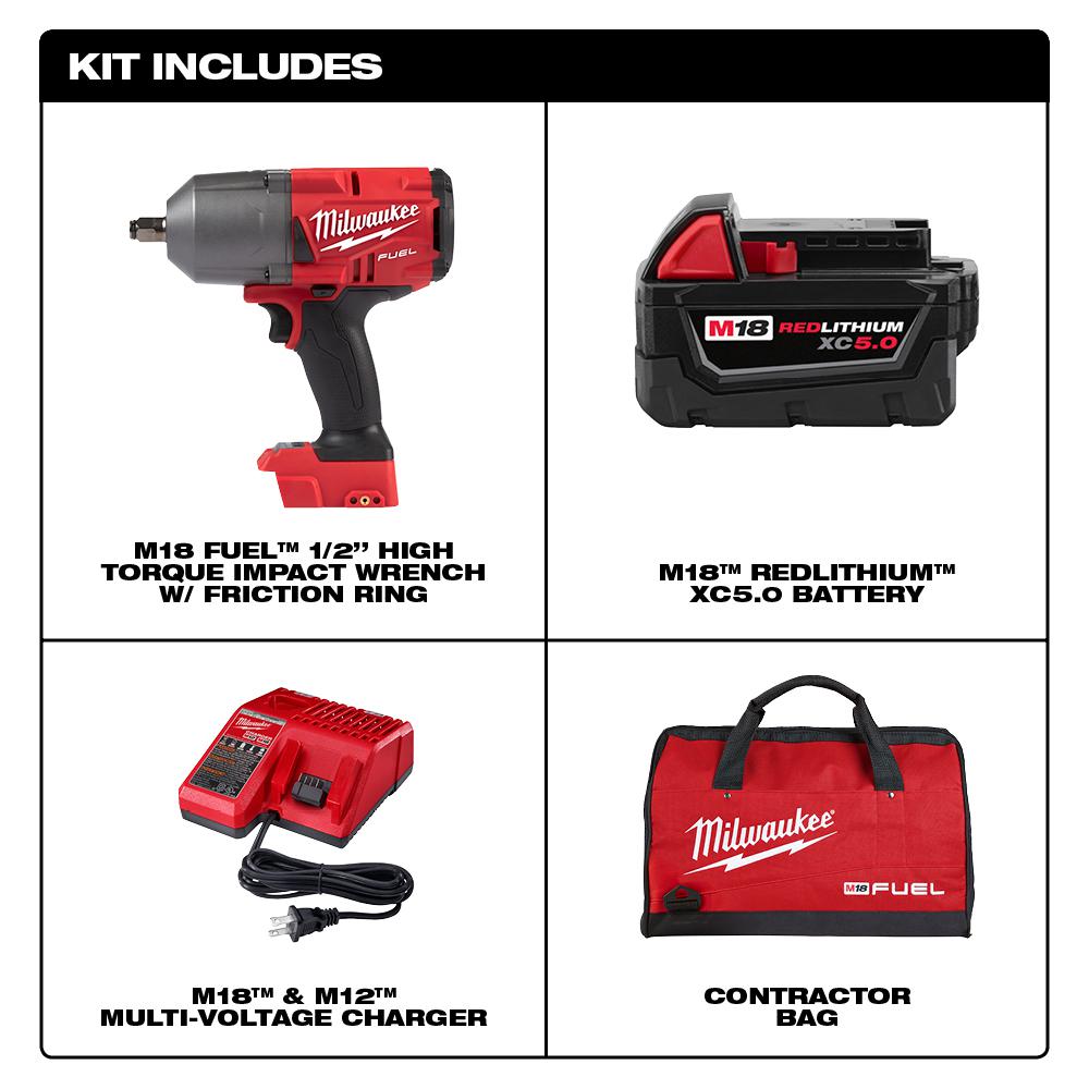 Milwaukee M18 Fuel 18 Volt Lithium Ion Brushless Cordless 1 2 In Impact Wrench W Friction Ring Kit W One 5 0 Ah Battery And Bag 2767 21b The Home Depot