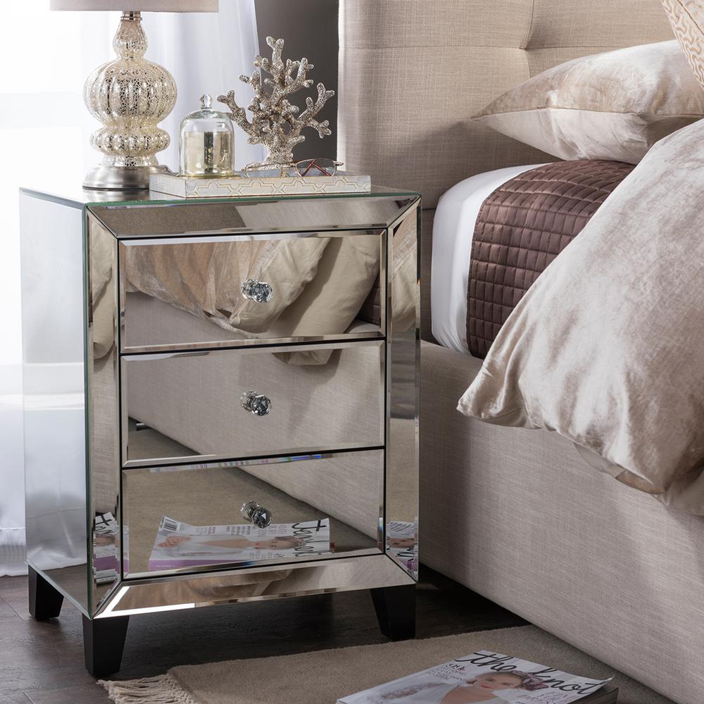 Baxton Studio Chevron 3 Drawer Silver Mirrored Nightstand 28862 3 Drawer Silver Mirrored Nightstand