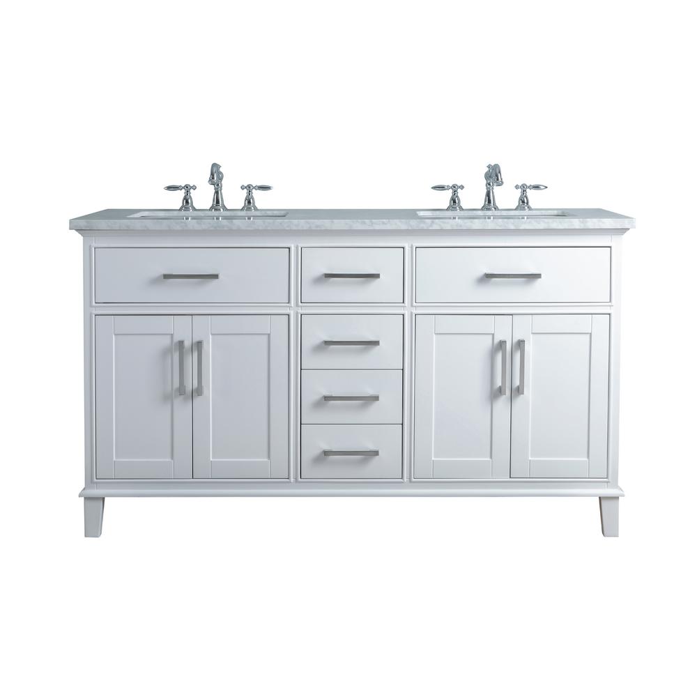 stufurhome 60 in. Leigh Double Sink Bathroom Vanity in White with Carrara Marble Vanity Top in ...