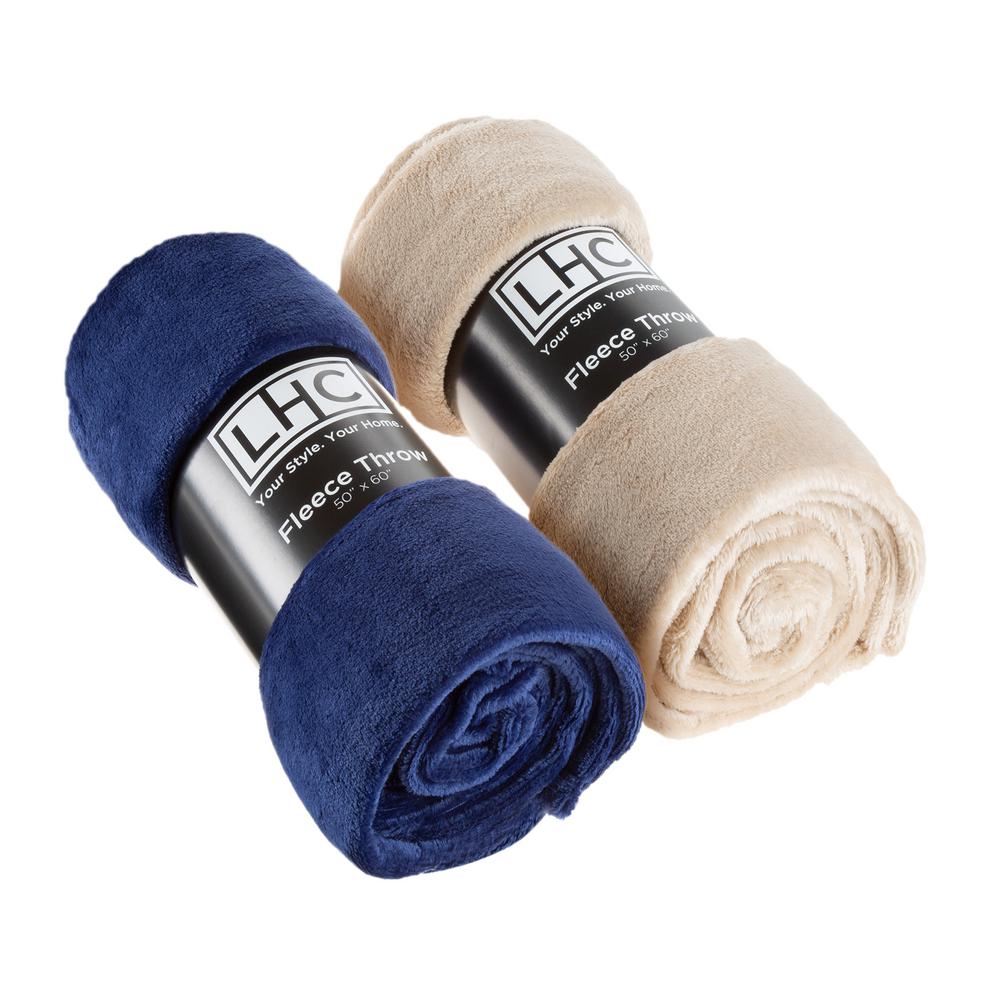 Lavish Home Navy Blue And Sand Beige Fleece Throw Blankets Set Of 2 66HD Throw037 The Home Depot