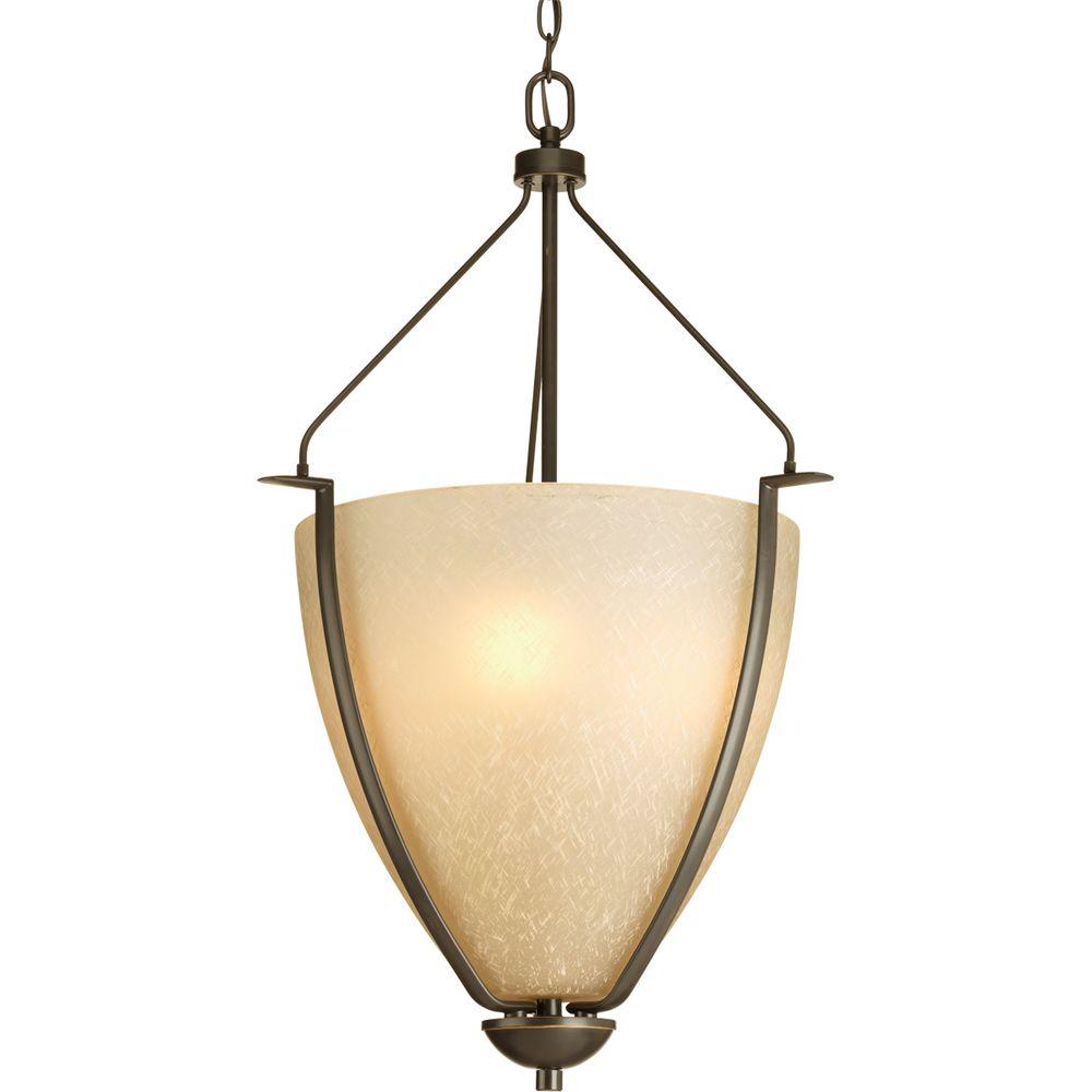 Progress Lighting Bravo Collection 3 Light Antique Bronze Foyer Pendant With Umber Linen Glass 0474