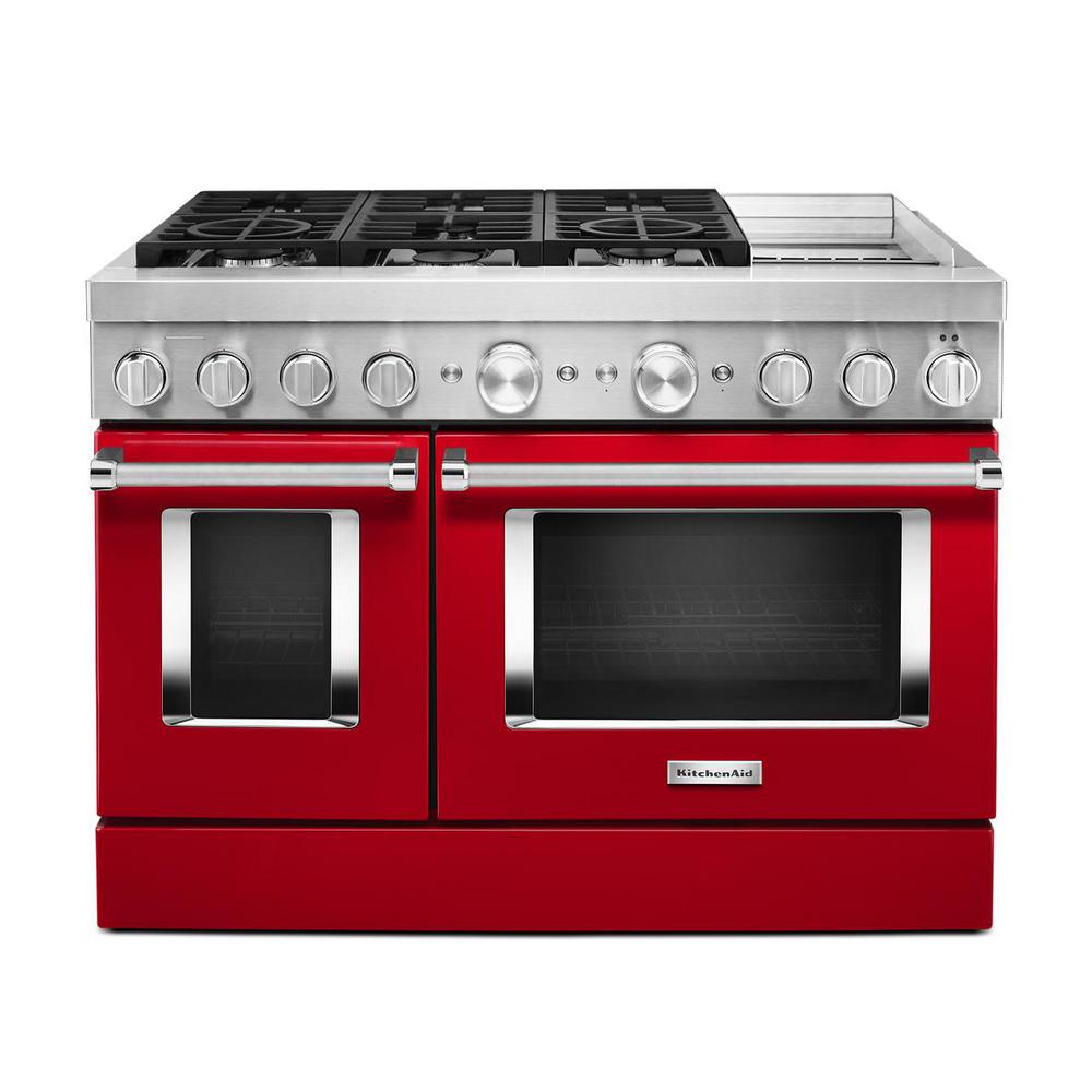 KitchenAid 48 in. 6.3 cu. ft. Smart Double Oven Dual Fuel Range with True Convection in Passion Red with Griddle For Sale