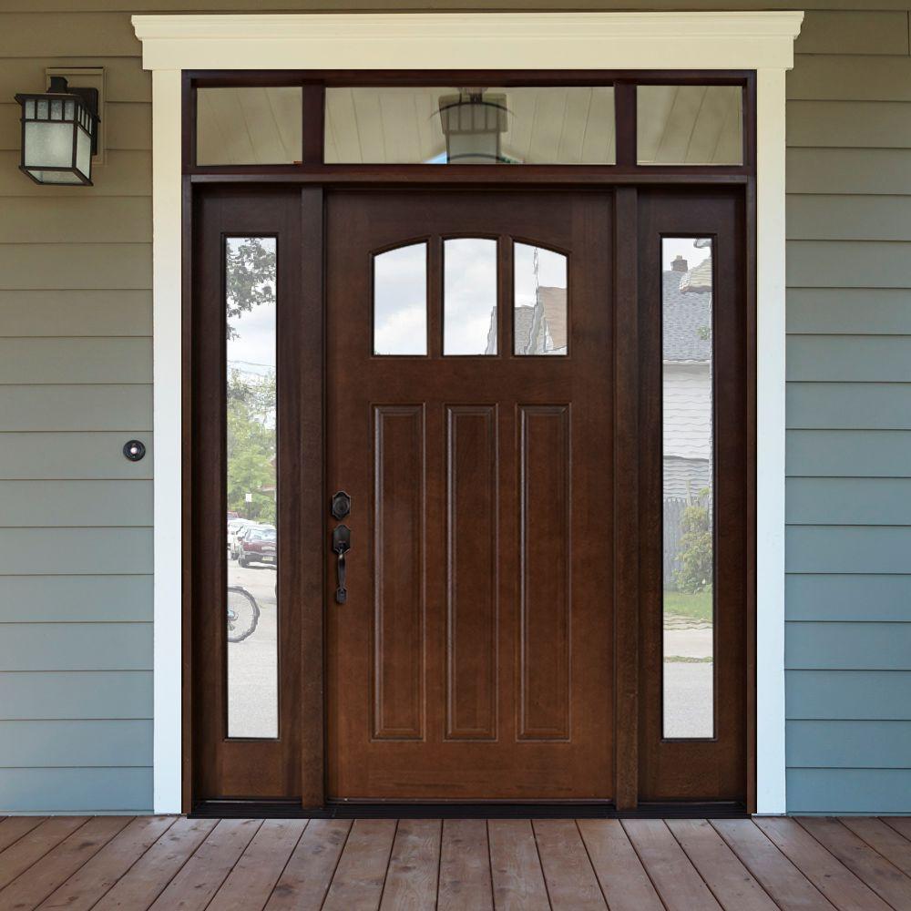 Steves Sons 64 In X 80 In Craftsman 3 Lite Arch Stained Mahogany Wood Prehung Front Door With Sidelites And Transom