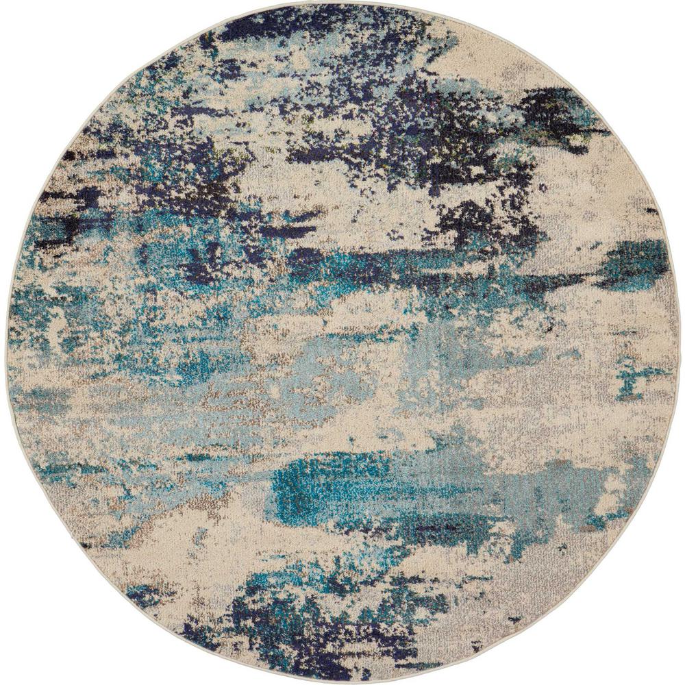 Nourison Celestial Ivory/Teal Blue 4 ft. x 4 ft. Abstract Modern Round ...