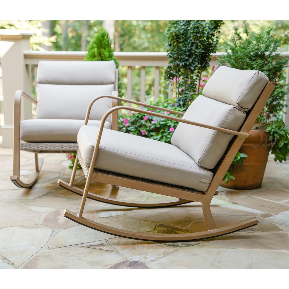 leisure made talbot aluminum outdoor rocking chair with tan cushions  2pack243968  the home depot