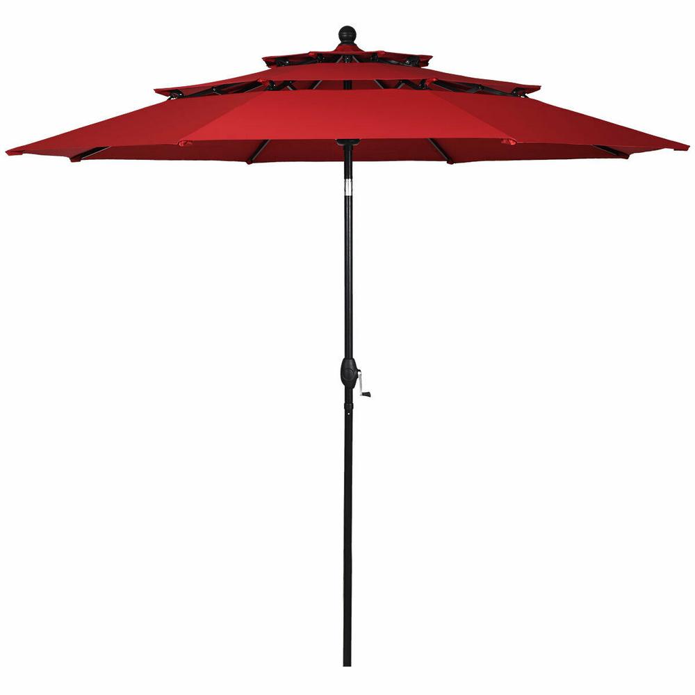 Costway 10 Ft 3 Tier Aluminum Sunshade Shelter Double Vent Market Patio Umbrella In Burgundy Op3928wn The Home Depot