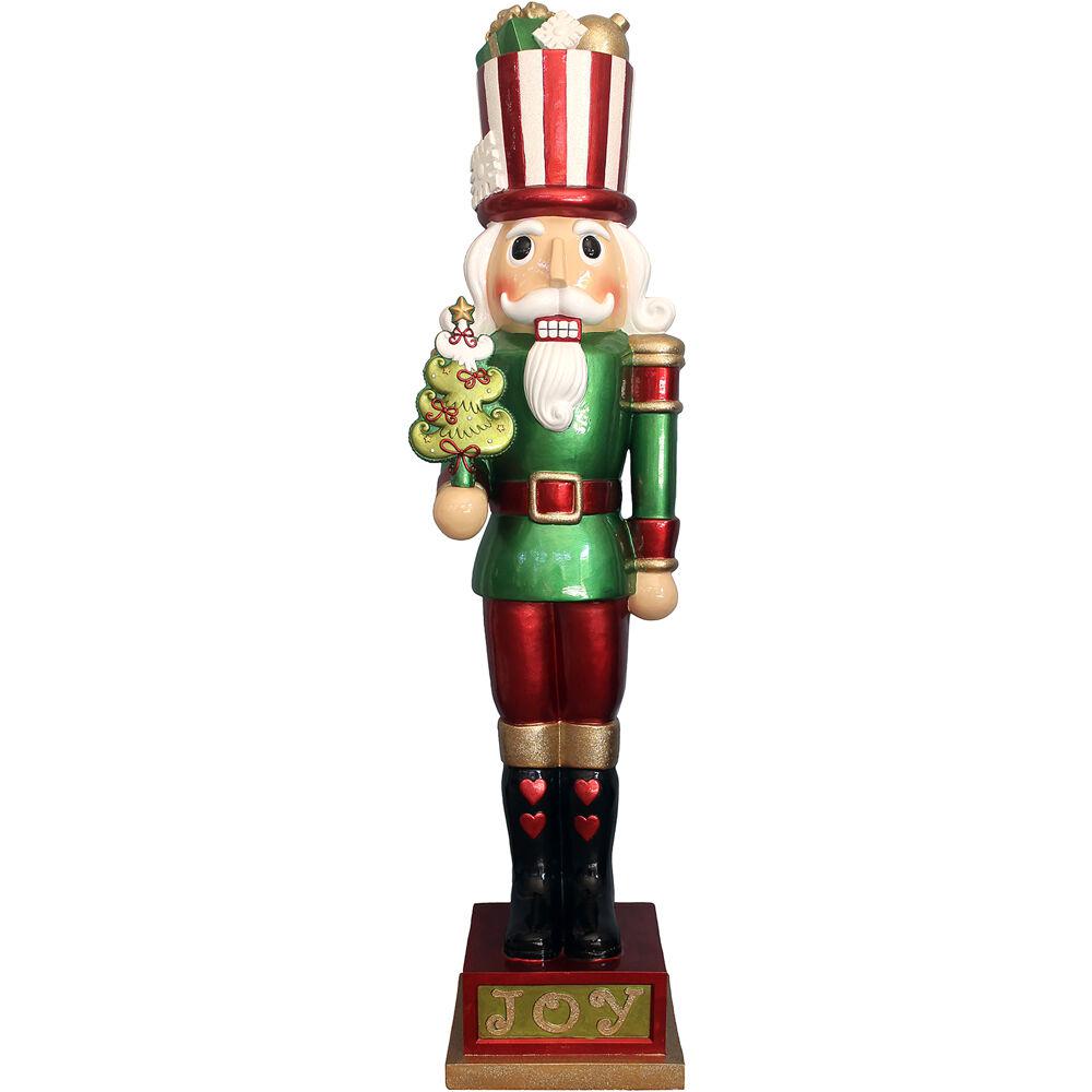 Fraser Hill Farm Indoor/Outdoor Oversized Christmas Decor, 4-Ft. Candy-Look Nutcracker Greeter Holding Tree in Green