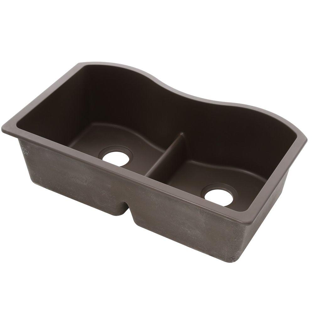 Elkay Quartz Classic Undermount Composite 33 In Rounded 50 50 Double Bowl Kitchen Sink In Mocha