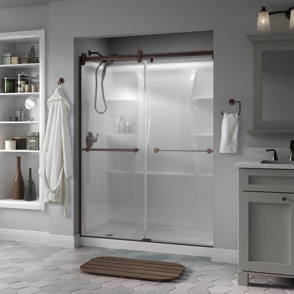 Delta Lyndall 60 x 71 in. Frameless Contemporary Sliding Shower Door in Bronze with Niebla Glass was $633.54 now $411.8 (35.0% off)