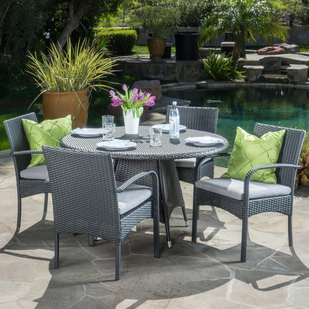 Noble House Nasir Grey 5-Piece Wicker Circular Outdoor Dining Set with