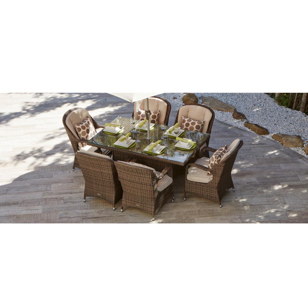 DIRECT WICKER Ozark Brown 7Piece Wicker Rectangular Outdoor Dining Set with Beige CushionPAD