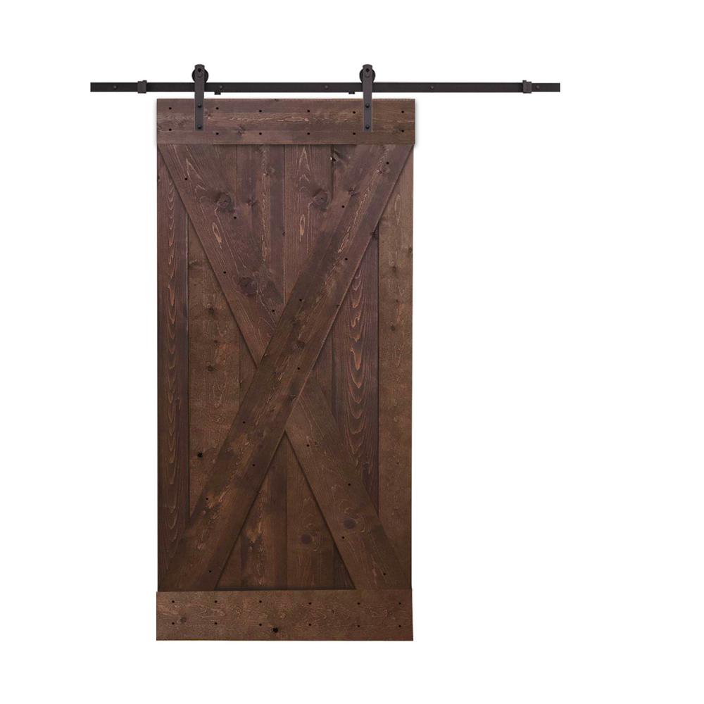 CALHOME 36 in. x 84 in. X-Panel Knotty Pine Finished Wood Barn Door ...