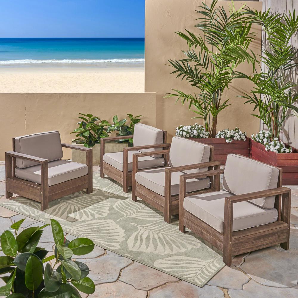 Noble House Devon Brushed Brown Wood Outdoor Lounge Chairs With Light Grey Cushions 4 Pack 54123 The Home Depot