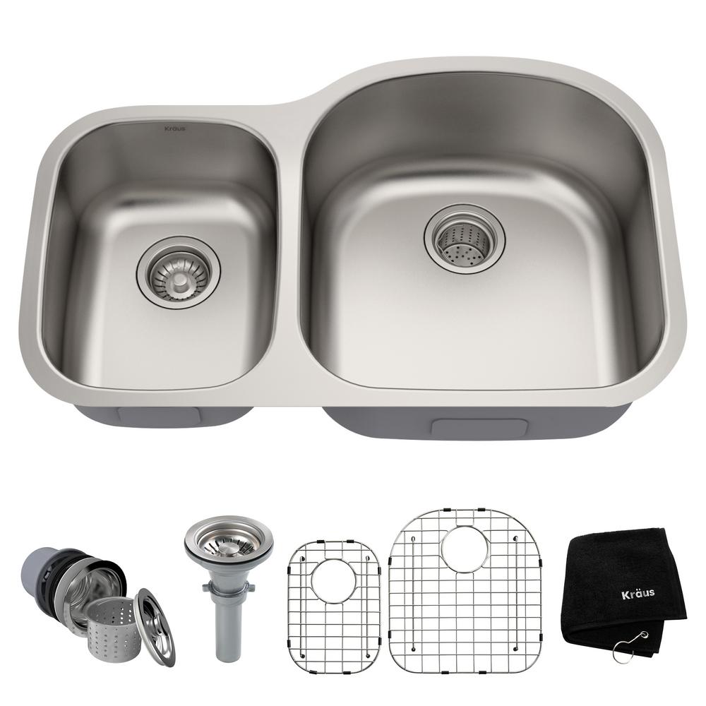 Kraus Premier Undermount Stainless Steel 32 In 60 40 Double Bowl Kraus Premier Undermount Stainless Steel 32 In 60 40 Double Bowl Kitchen Sink Kbu25 The Home Depot