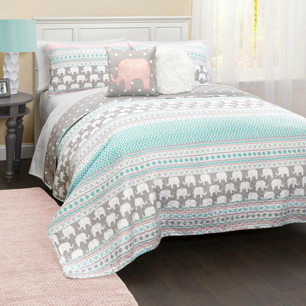 Lush Decor Elephant Stripe Quilt Turquoise Pink 4 Piece Twin Set