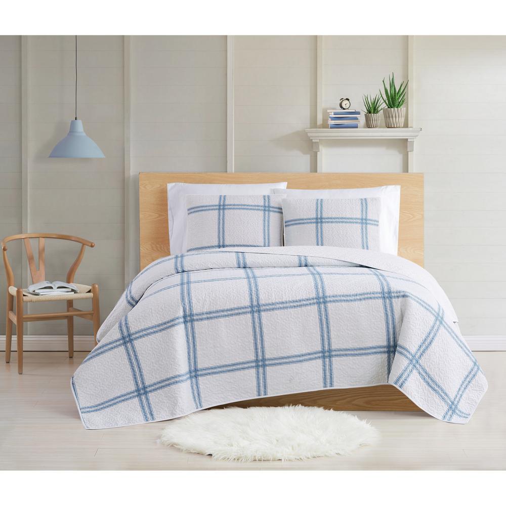 Cottage Classics Farmhouse Plaid Cotton Blue King Quilt Set