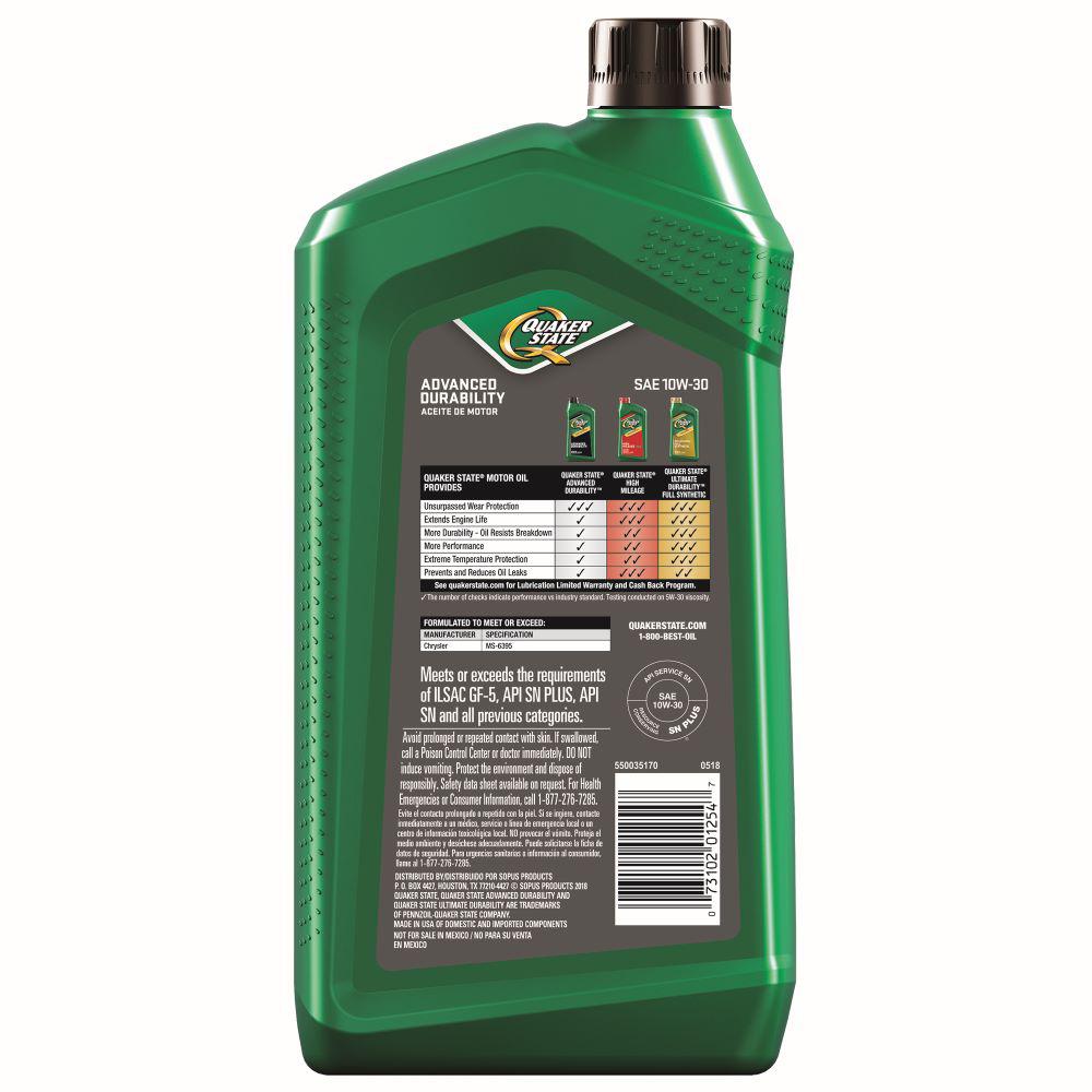 Quaker State 1 Qt Sae 10w 30 Advanced Durability Conventional Motor Oil The Home Depot