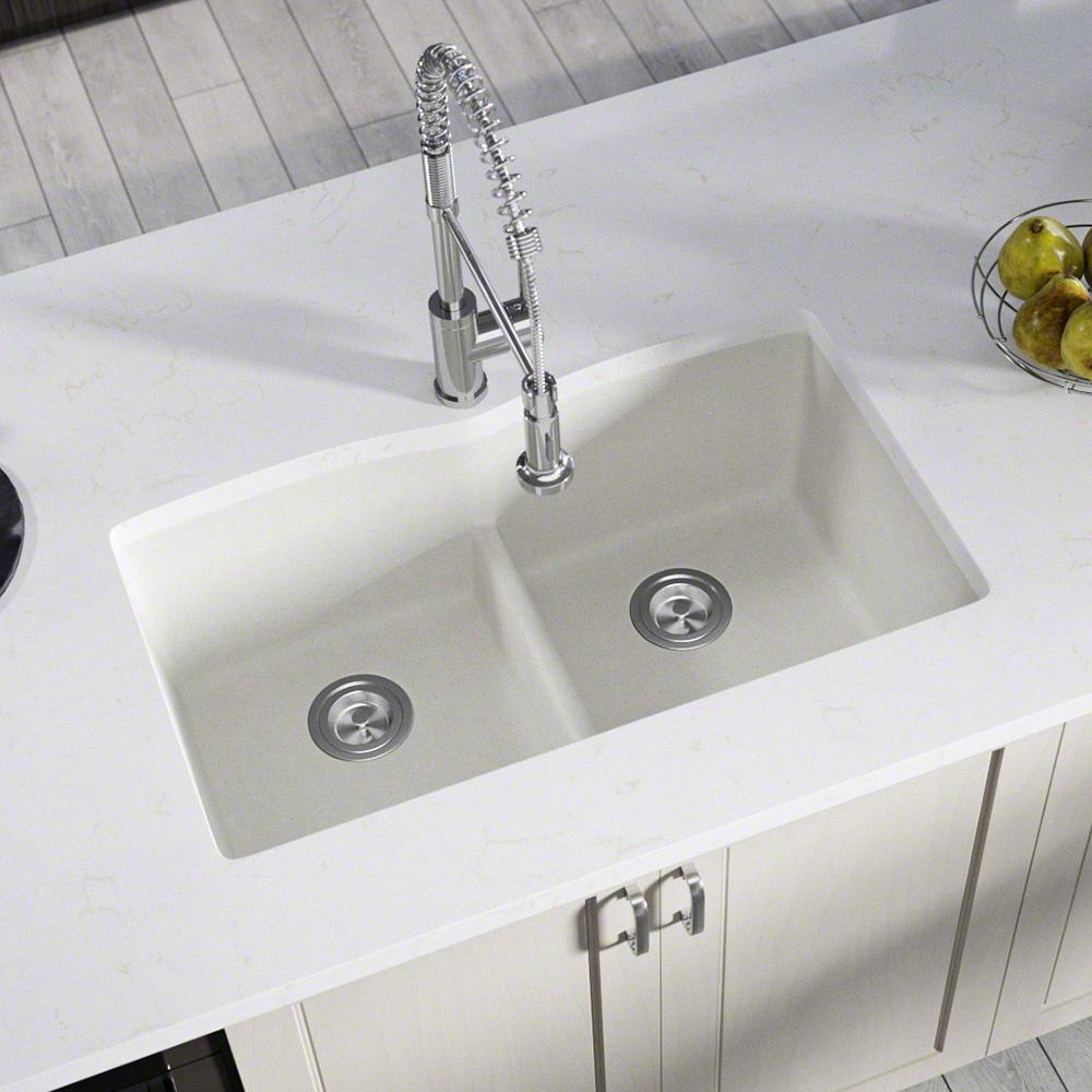 Mr Direct Undermount Kitchen Sink Composite Granite 33 In Low Divide Equal Double Basin In White 812 W The Home Depot