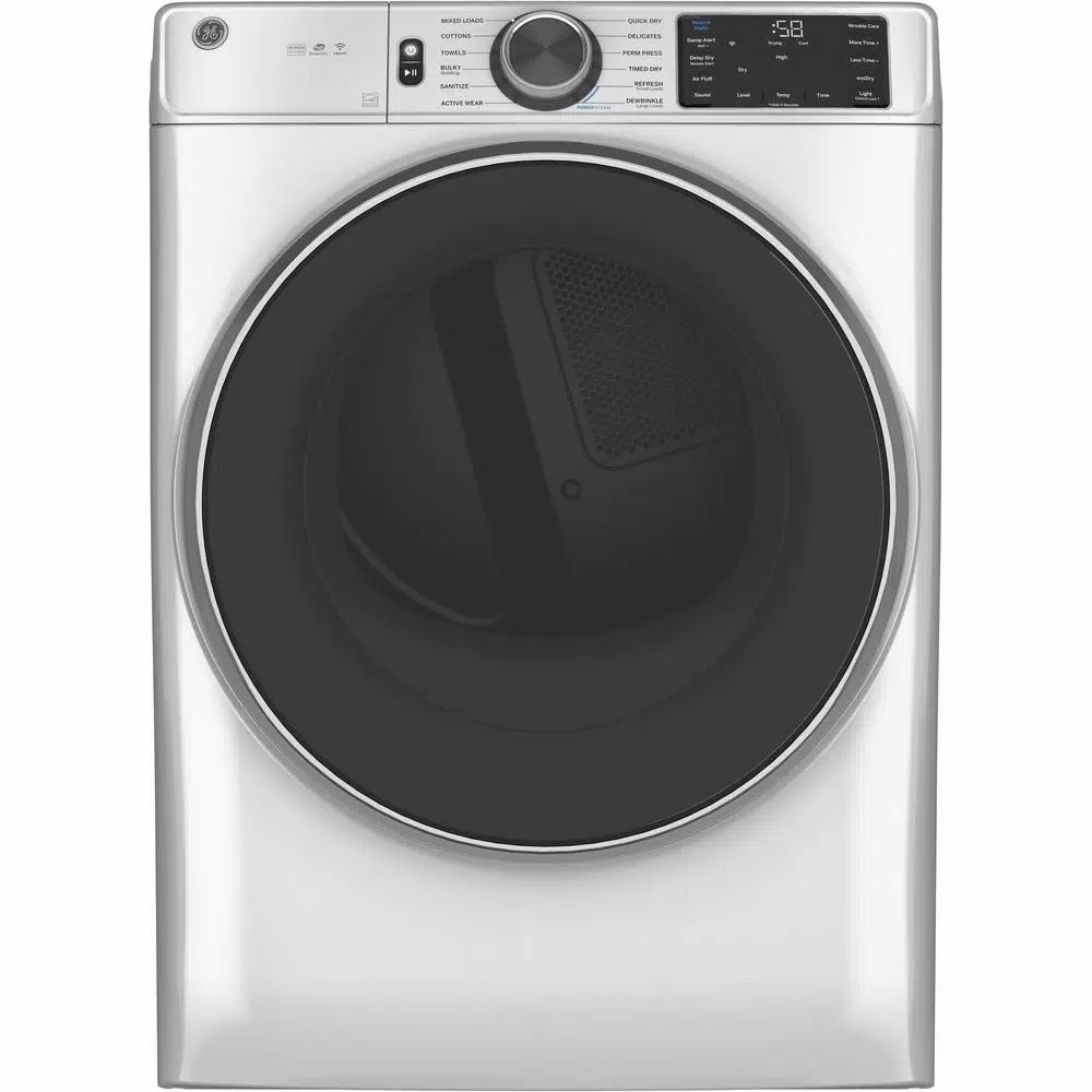 GE 7.8 cu. ft. Smart 240-Volt White Stackable Electric Vented Dryer with Steam and Sanitize Cycle, ENERGY STAR