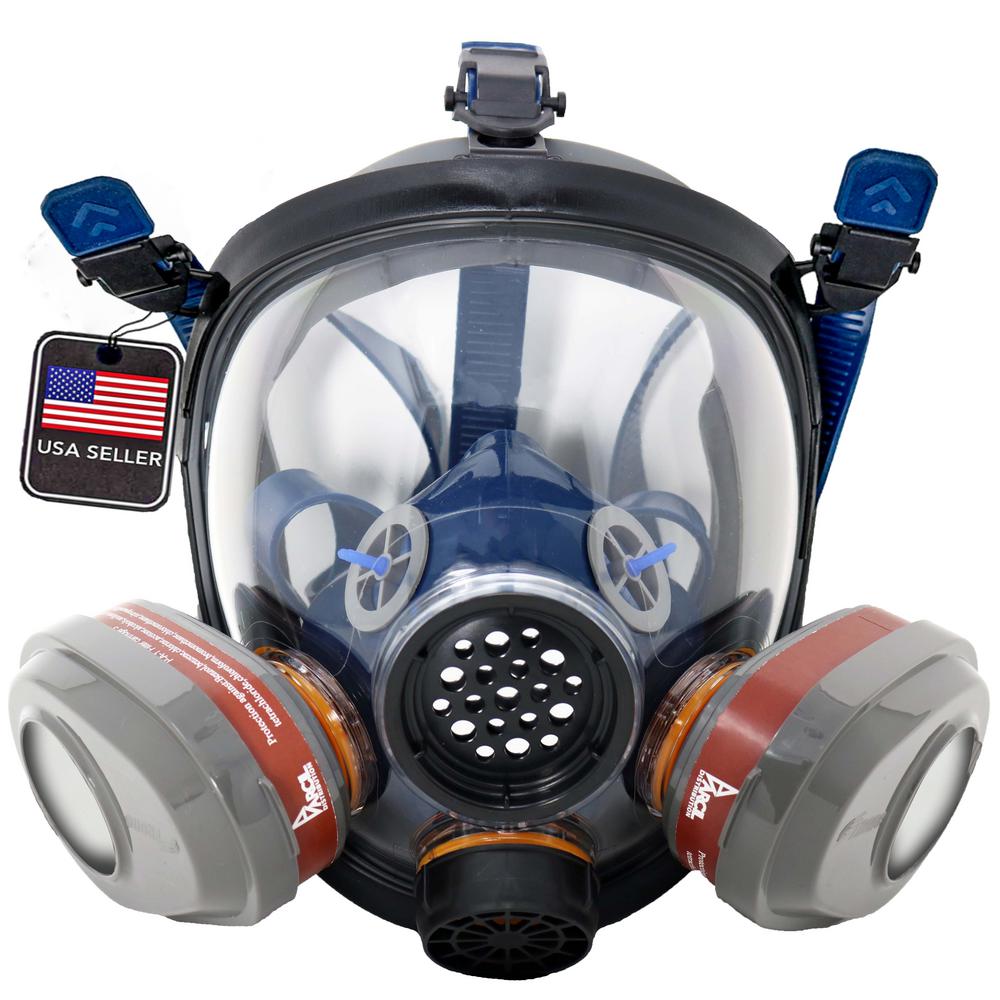 Parcil Safety Full Face Organic Vapor Respirator and Gas Mask with 2 Bayonet Style P-A-3 Replacement Filters, Blue & Black