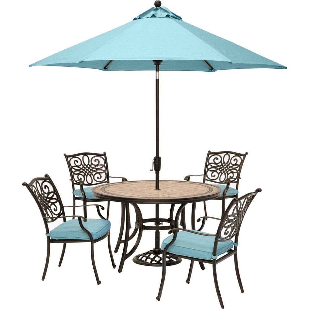 Hanover Monaco 5 Piece Aluminum Outdoor Dining Set With Blue Cushions 4 Dining Chairs Tile Top Table And A 9 Ft Umbrella Mondn5pc Su B The Home Depot