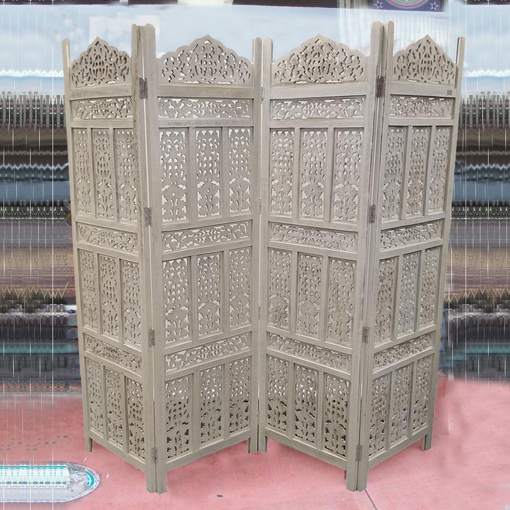 The Urban Port Aesthetically Carved Distressed White 4 Panel Wooden The Urban Port Aesthetically Carved Distressed White 4 Panel Wooden Parion Screen Room Divider