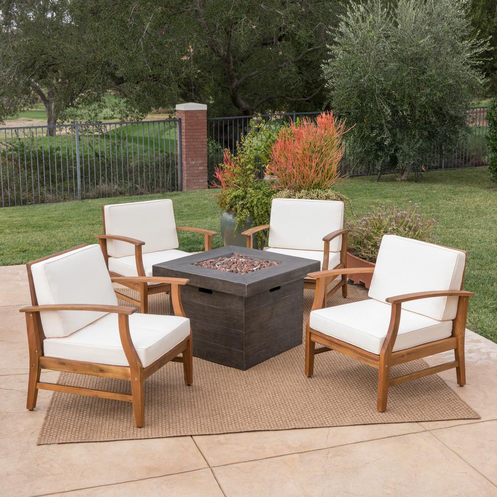 Noble House Kourtney Teak Brown 5 Piece Wood Patio Fire Pit Set 