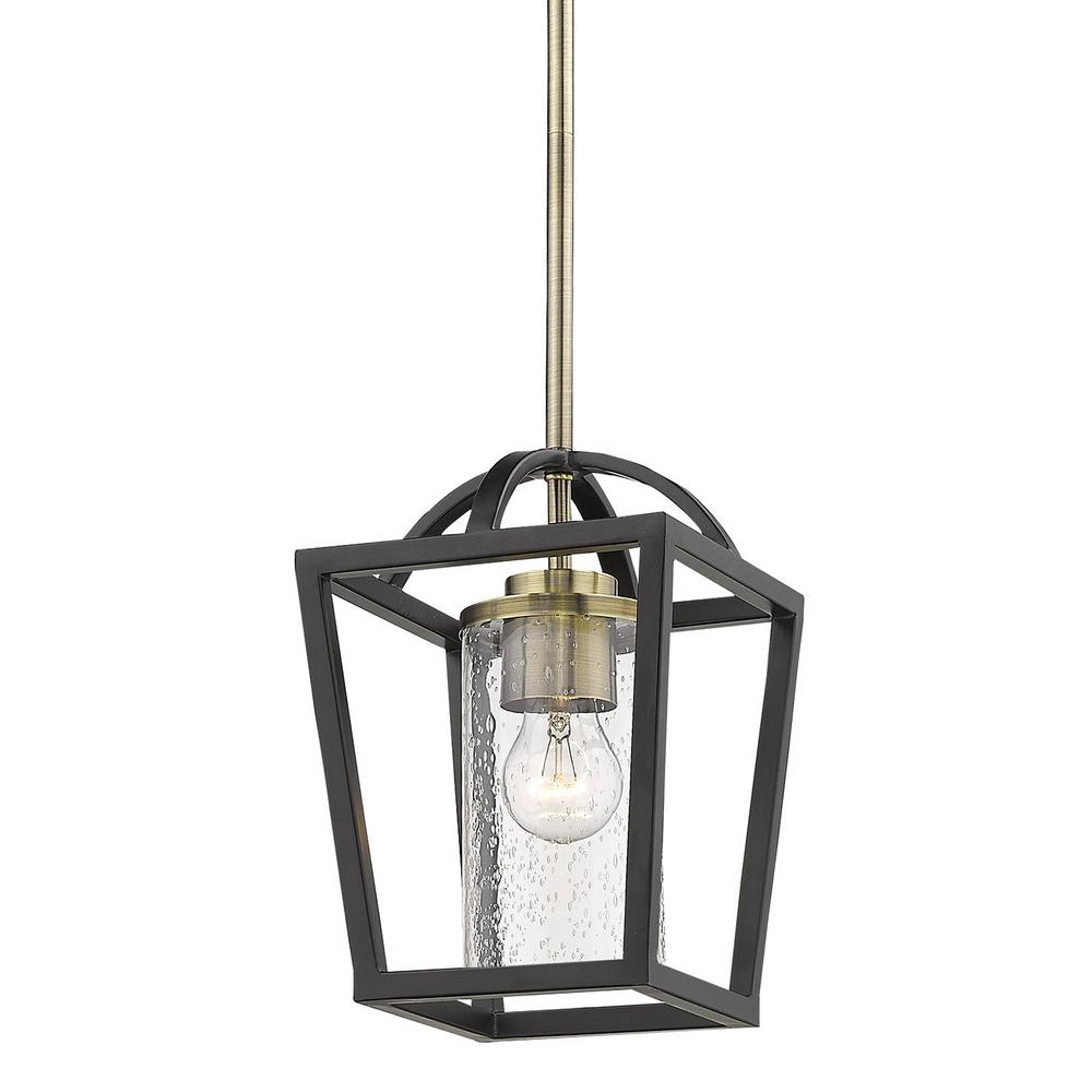 Golden Lighting Mercer 1 Light Black Lantern Mini Pendant With Seeded Glass Shade