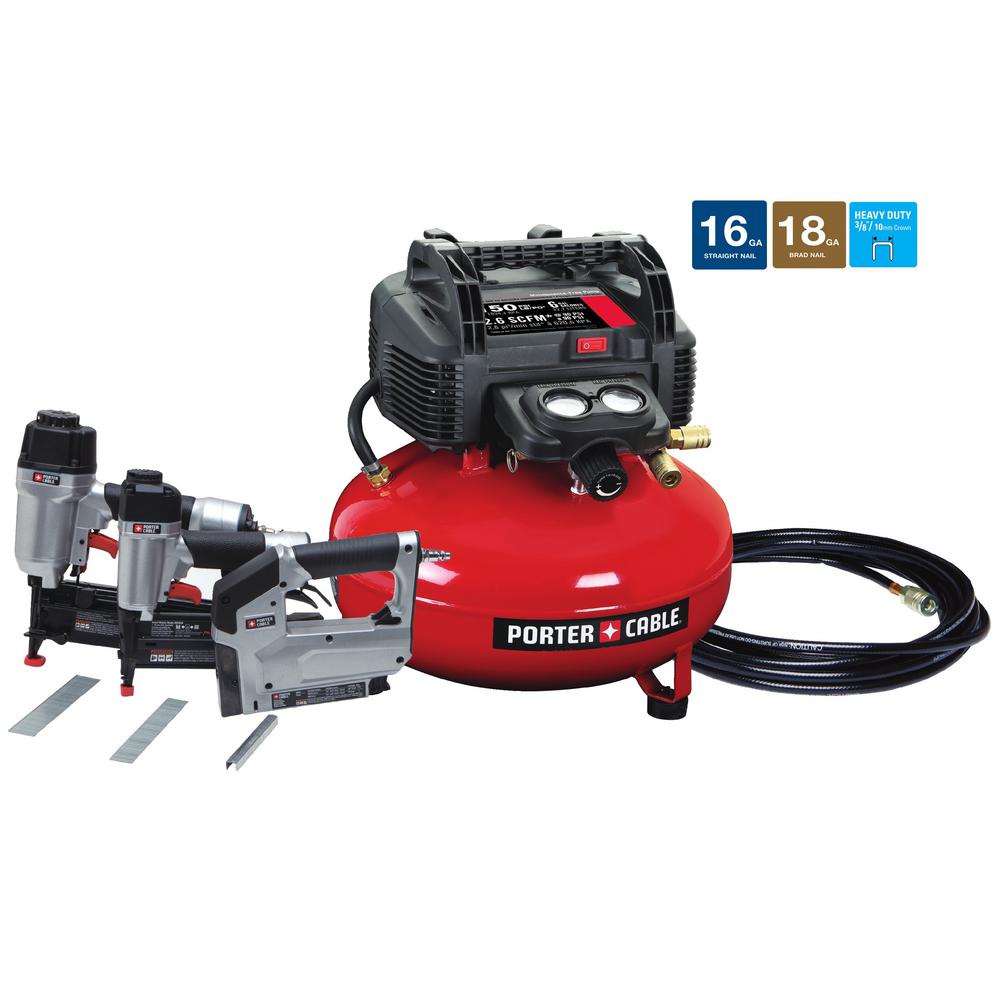 Porter Cable 6 Gal 150 Psi Portable Electric Air Compressor 16 Gauge Nailer 18 And 3 8 In Stapler Combo Kit Tool Porter Cable 6 Gal 150 Psi Portable Electric Air Compressor 16 Gauge Nailer 18 And 3 8 In Stapler Combo Kit Tool