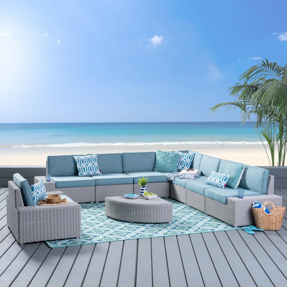 Noble House Santa Cruz Chalk Gray 9 Piece Wicker Patio Conversation Set With Teal Cushions