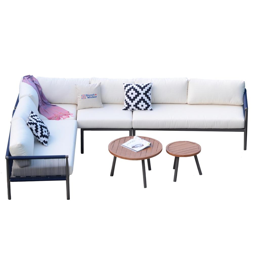 Direct Wicker Cathelina 6 Piece Aluminum Rope Weave Outdoor Sofa Set With White Cushions And Coffee Tables