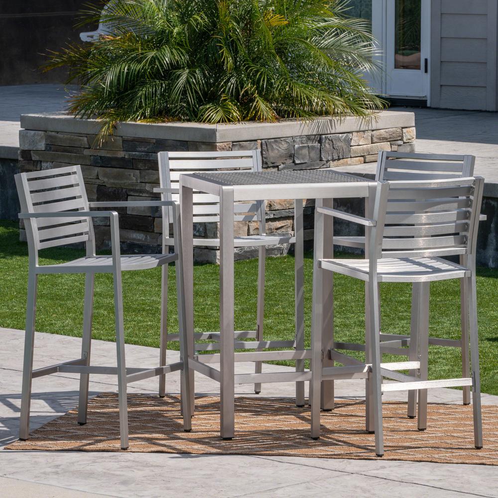 Noble House Cape C Silver 5 Piece Aluminum Outdoor Bar Height Bistro Set With Gray Wicker Top Table 41670 The Home Depot - Patio Bar Height Table And Chairs Noble House Cape C Silver 5 Piece Aluminum Outdoor Bar Height Bistro Set With Gray Wicker Top Table 41670 The Home Depot - Patio Bar Height Table And Chairs