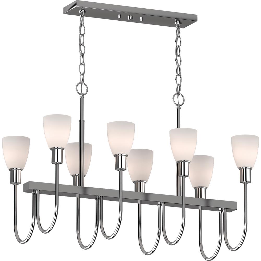 Volume Lighting Concord 8 Light Polished Nickel Indoor Hanging Linear Island Chandelier With Frosted Glass Bell Shades