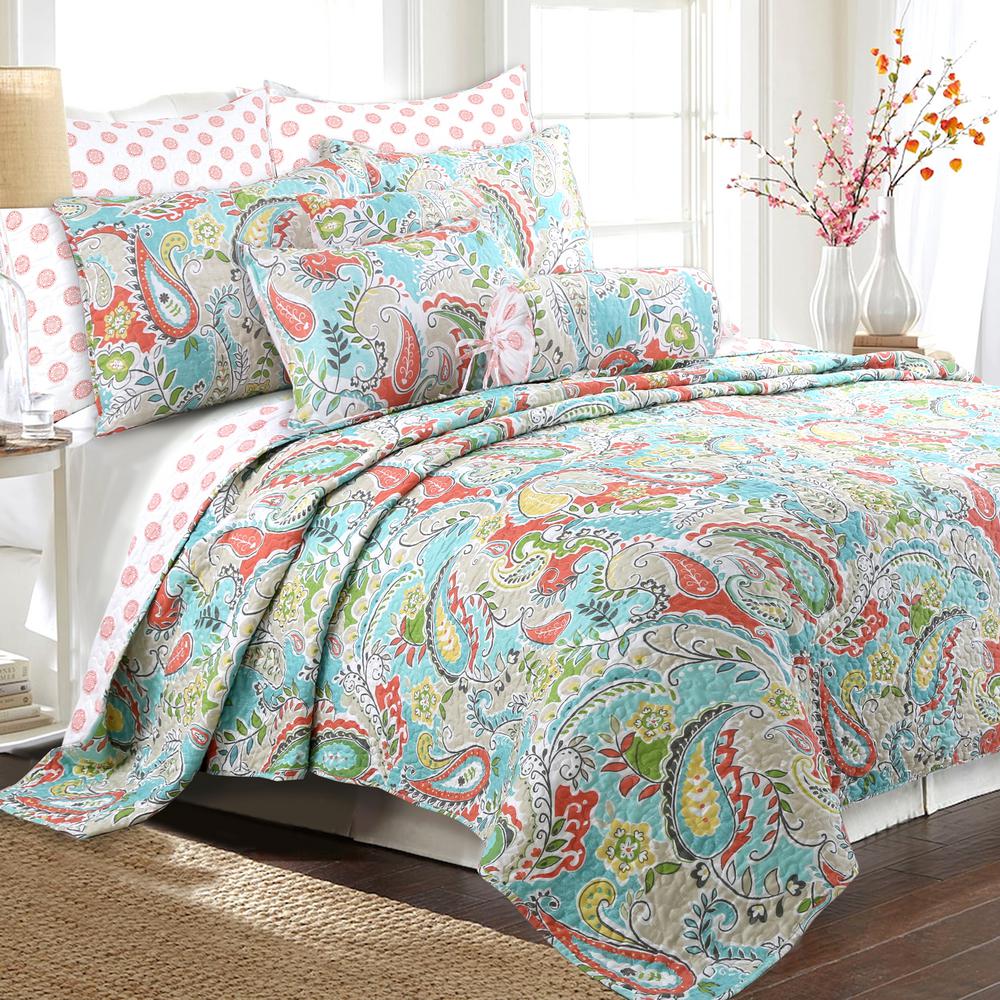 Cozy Line Home Fashions Paisley Floral 3 Piece Turquoise Blue Coral Yellow Grey Green Cotton Poly King Quilt Bedding Set Bb2019 032k The Home Depot