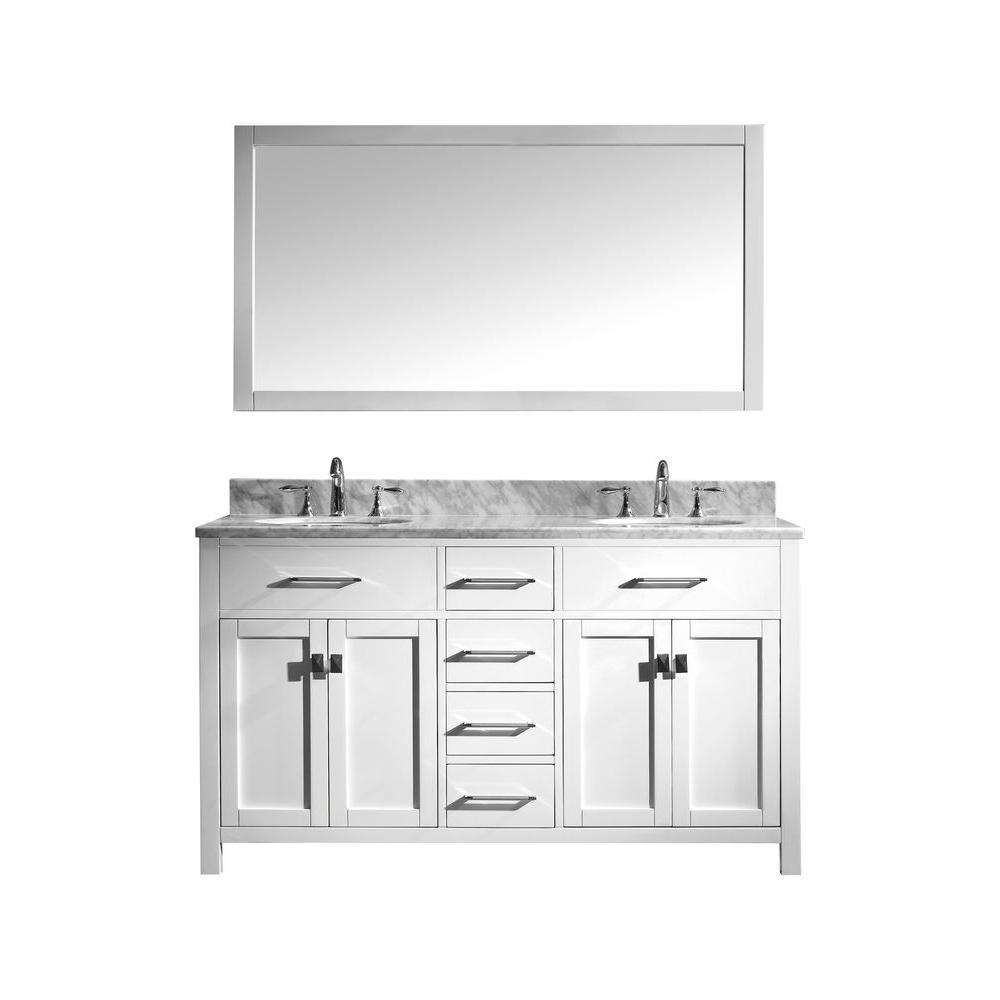 Virtu Usa Caroline 60 In W Bath Vanity In White With Marble Vanity Top In White With Round Basin And Mirror